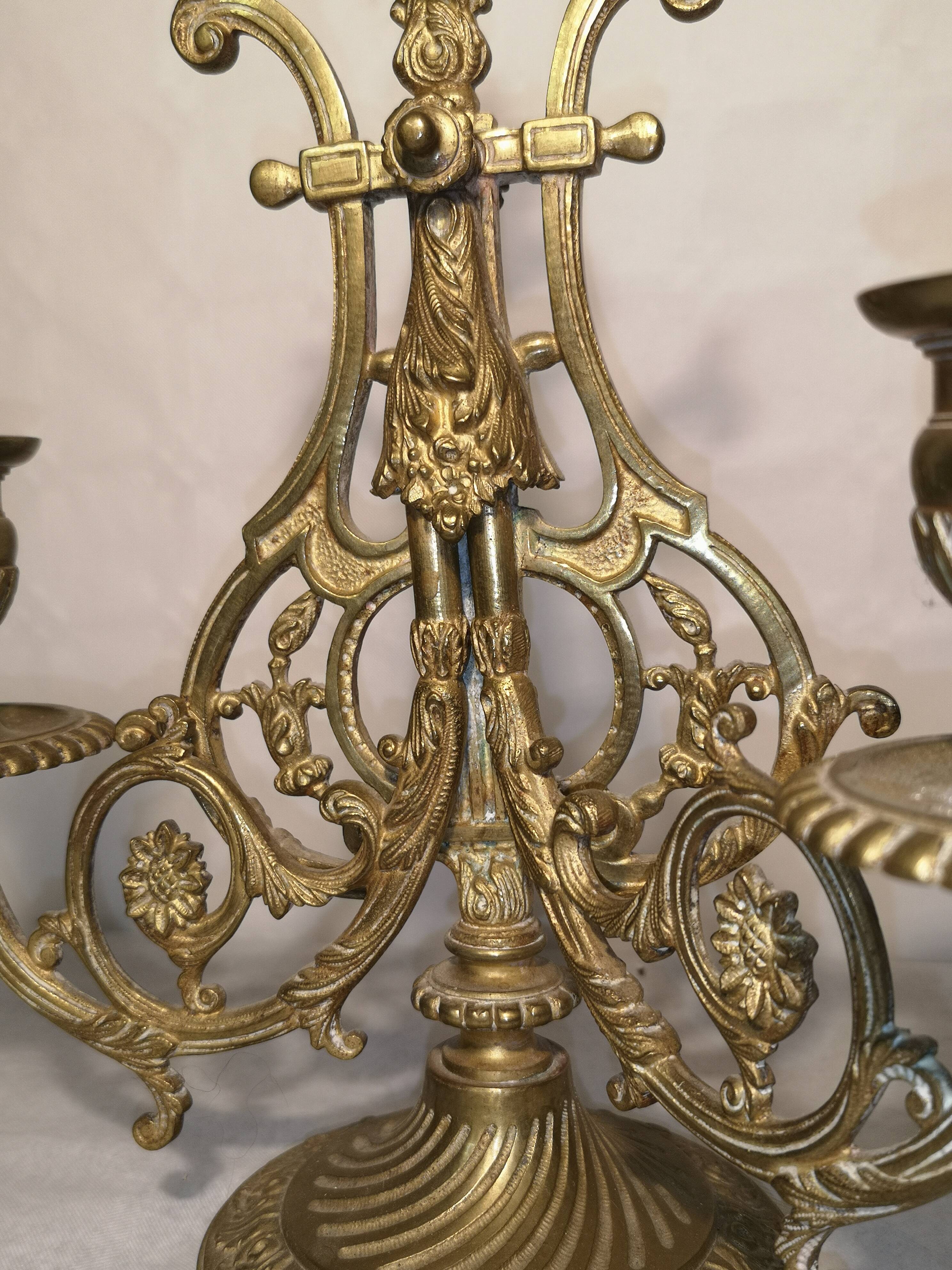 Pair of piano candlesticks in golden bronze 19th century