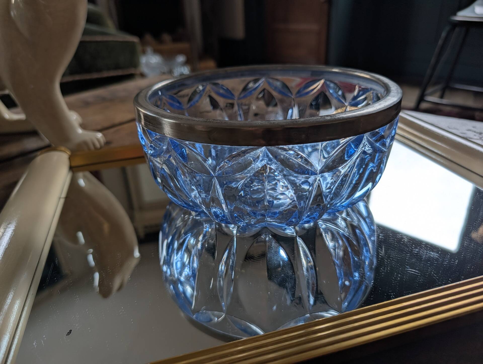 Cut blue glass bowl, silver-plated rim – 1950s-1970s