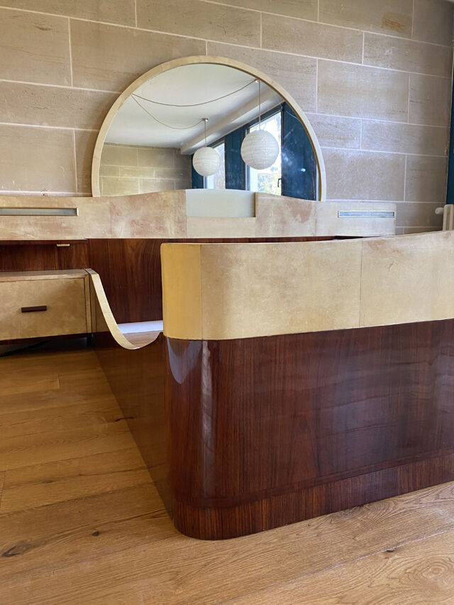 Bed with integrated bedside in rosewood and parchment, art deco period, twentieth century