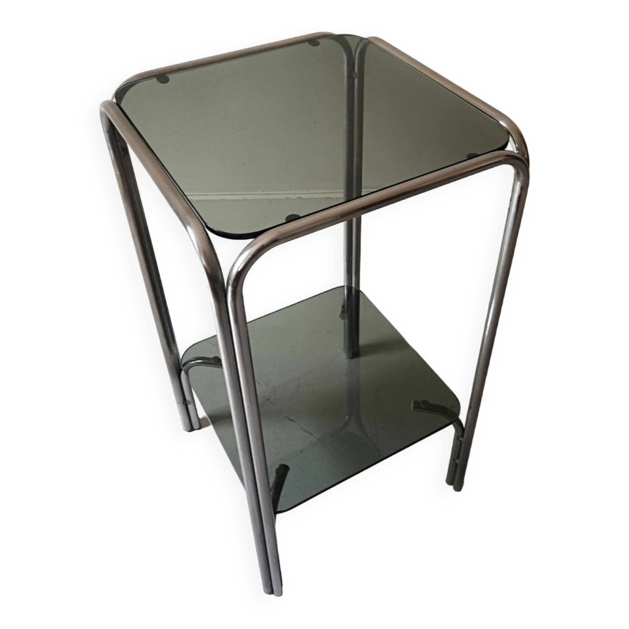 Fifth wheel console in chromed metal and smoked glass, design 1970