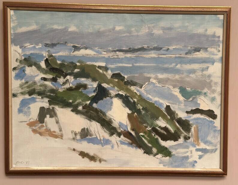Original Swedish Oil on Canvas – "Winter Landscape" by FMK – Dated 1943 – Vintage and Framed – 78 × 60 cm (30.7" × 23.6")