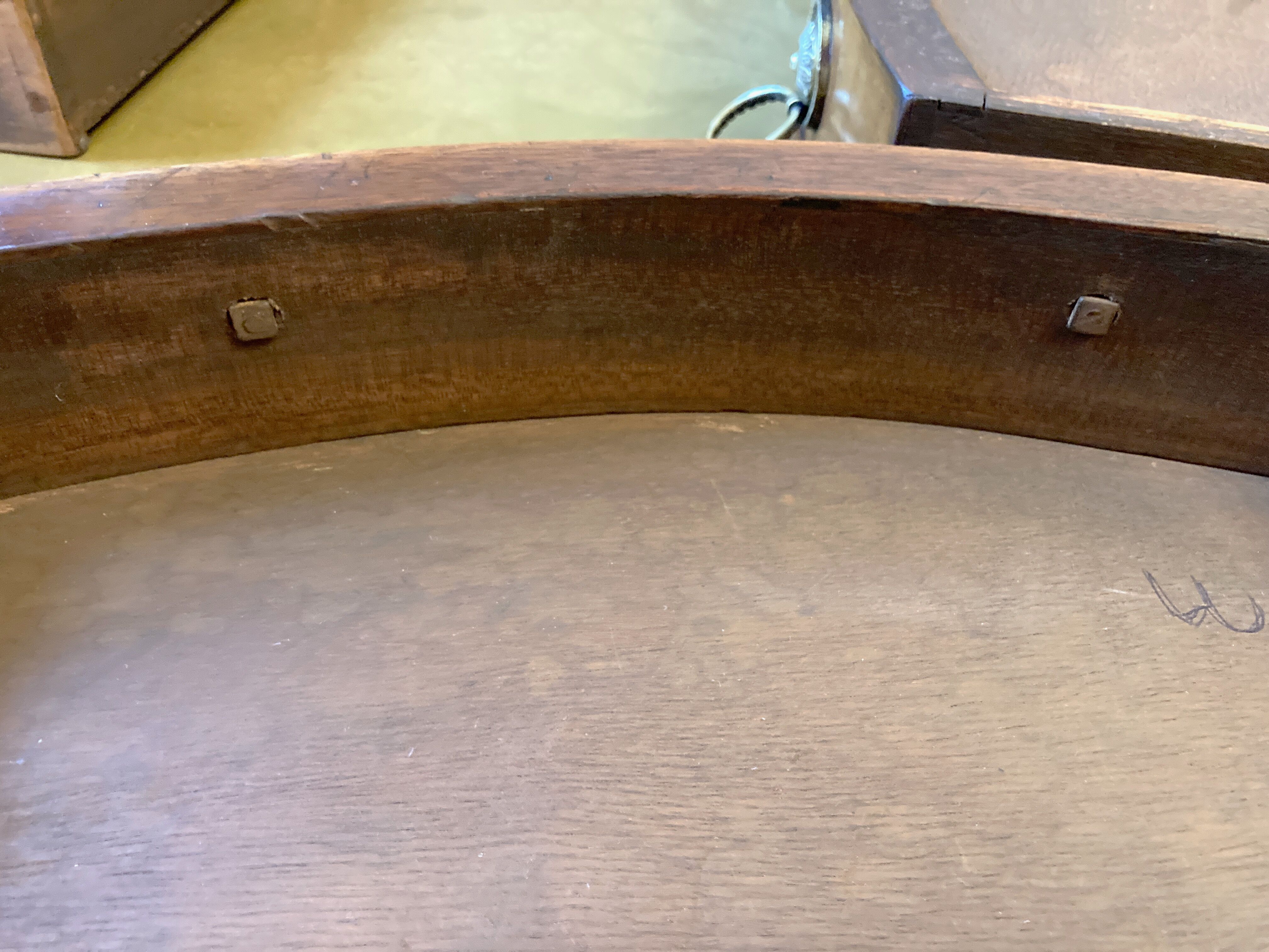 Old drum table 1900 cherry leather and brass