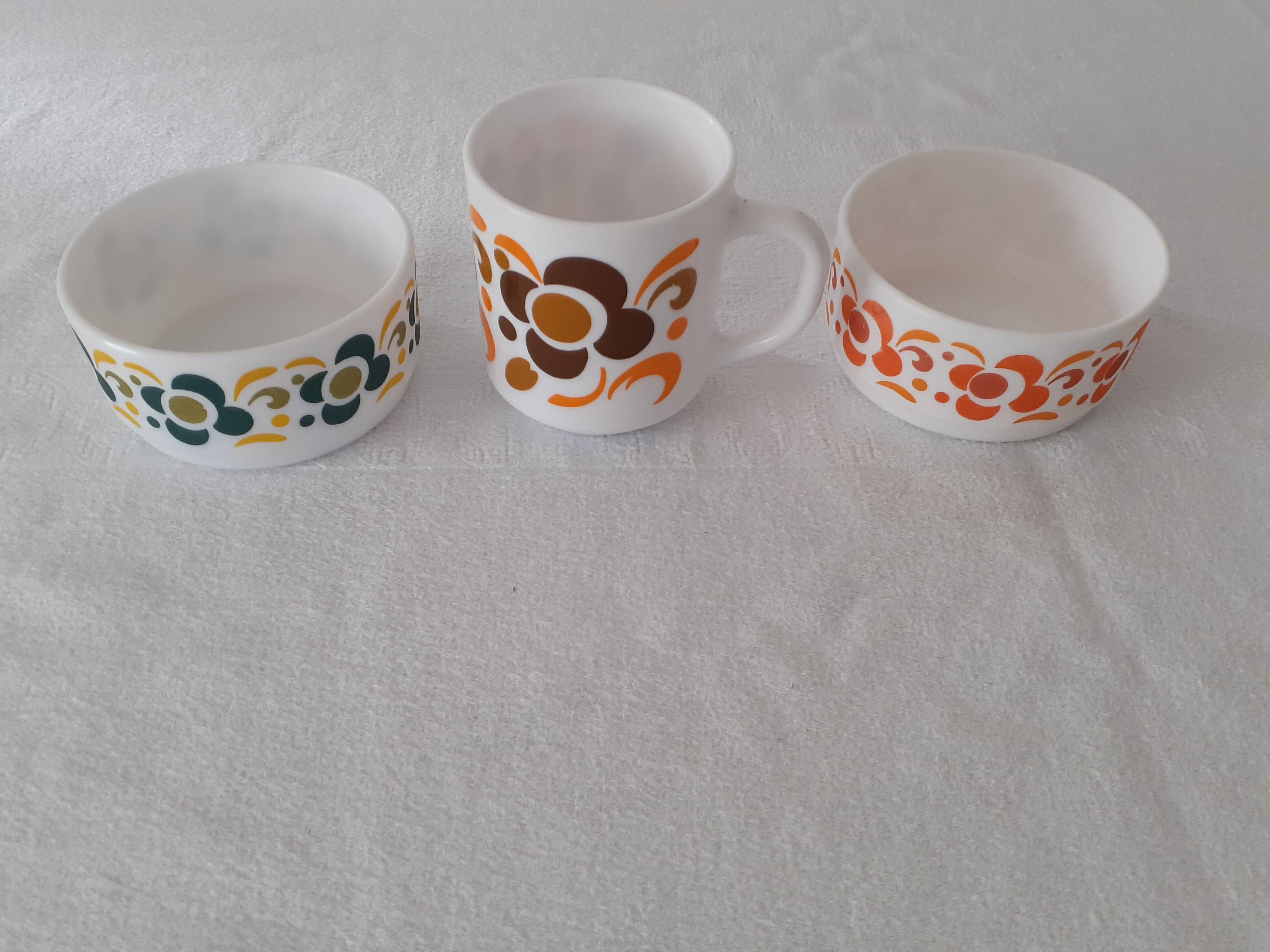 3 pieces lotus Arcopal 2 ramekins cups and 1 mug orange brown green vintage