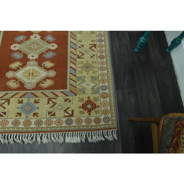 1970s Vintage Turkish Oushak Handmade  Red Yellow Area Rug 152x223