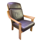 Chocolate leather armchair, wooden structure