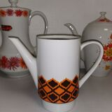 set of 3 Vintage Teapot Coffee Makers Orange Porcelain Pattern