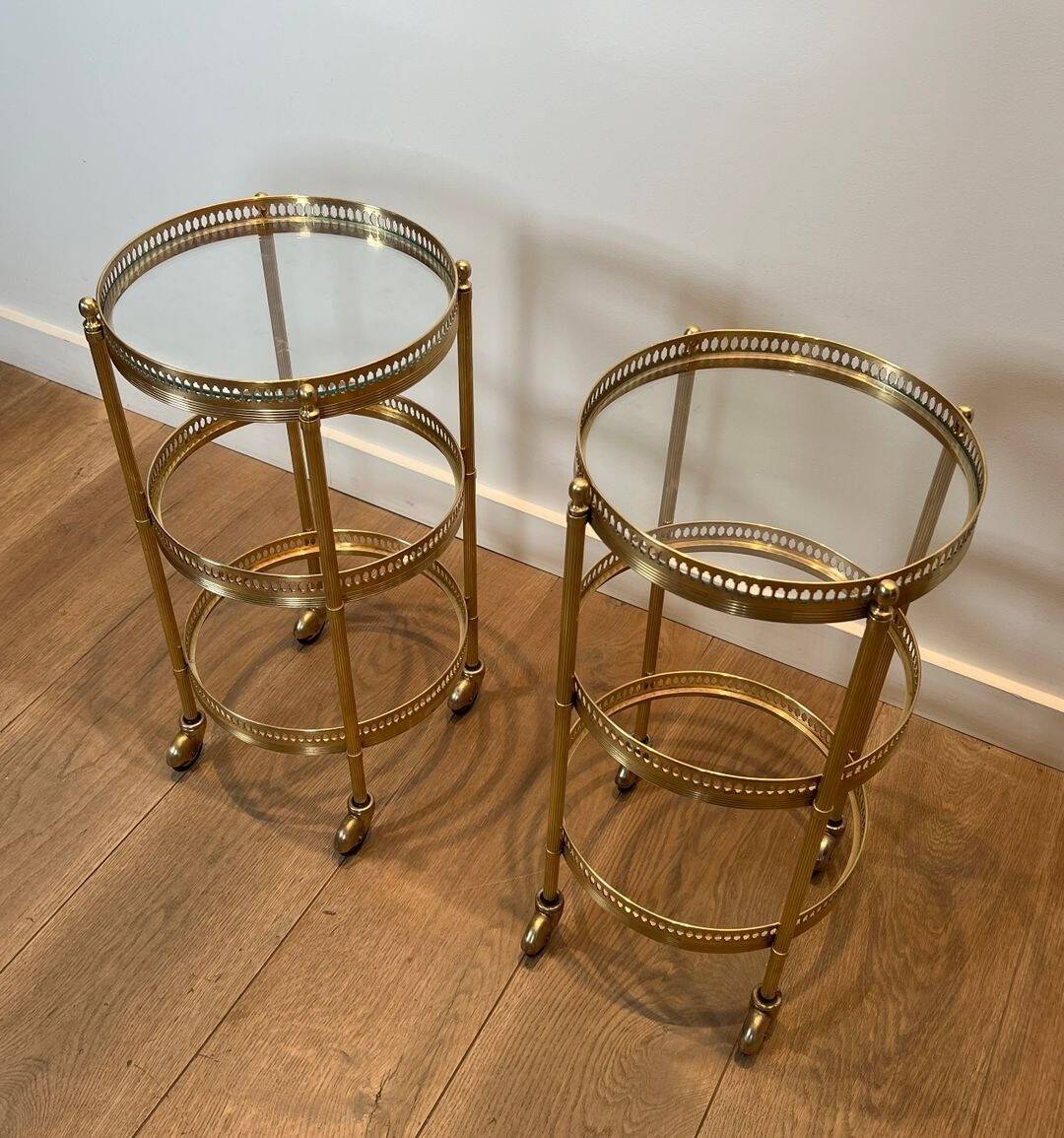 Pair of Art Deco Round Rolling Tables with Removable Tops, Maison Jans
