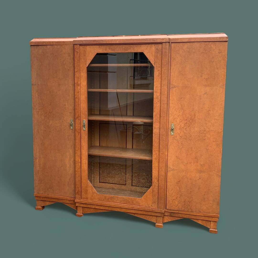 Art deco glass china cabinet in burr walnut 1930