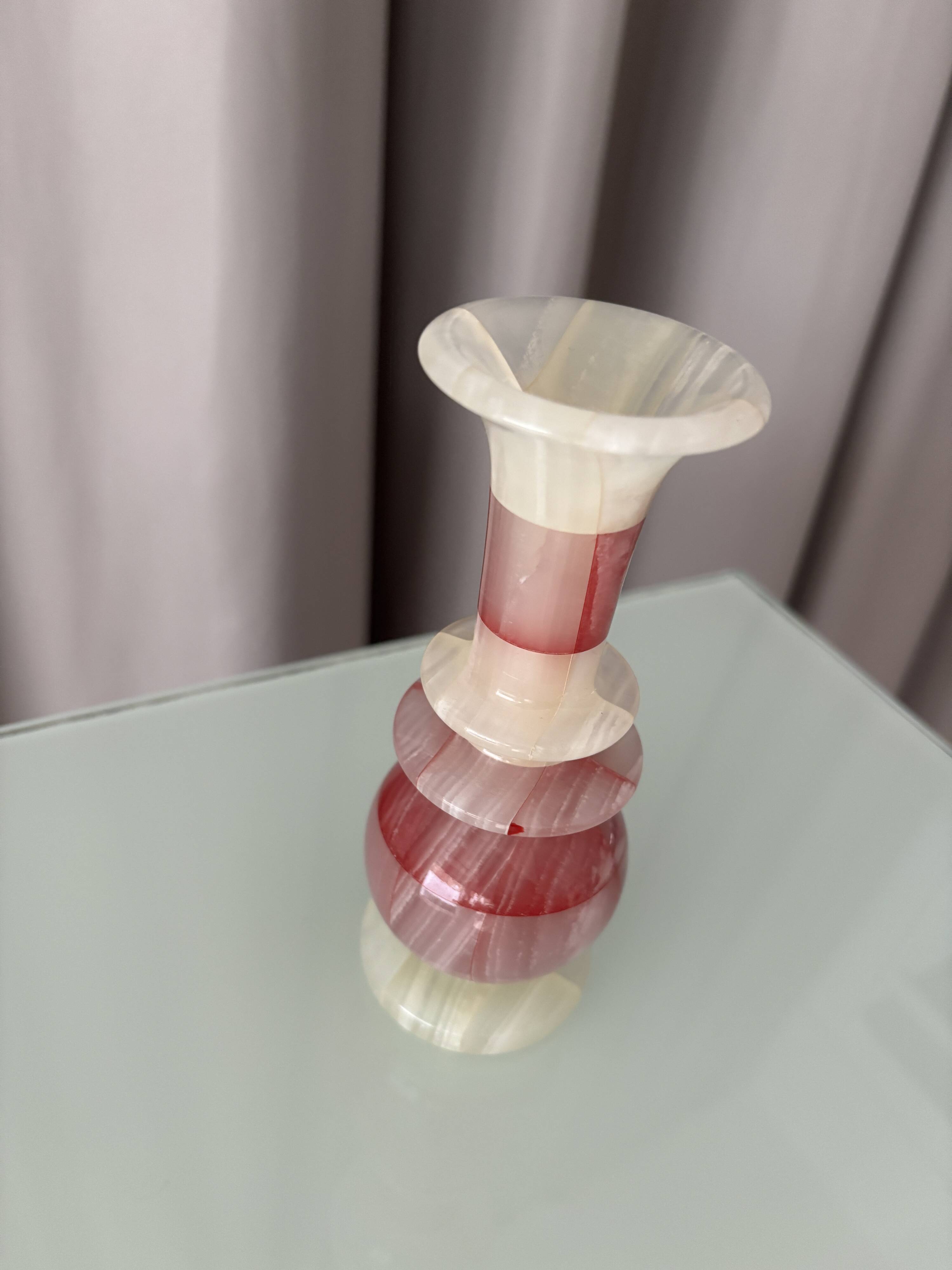 Vintage Patchwork Onyx Vase – Pink & White Stone, Handcrafted (ca. 1970s)