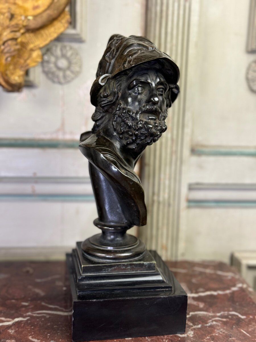 Bust of Ajax, bronze with black patina on a black Belgian marble base, 19th century.