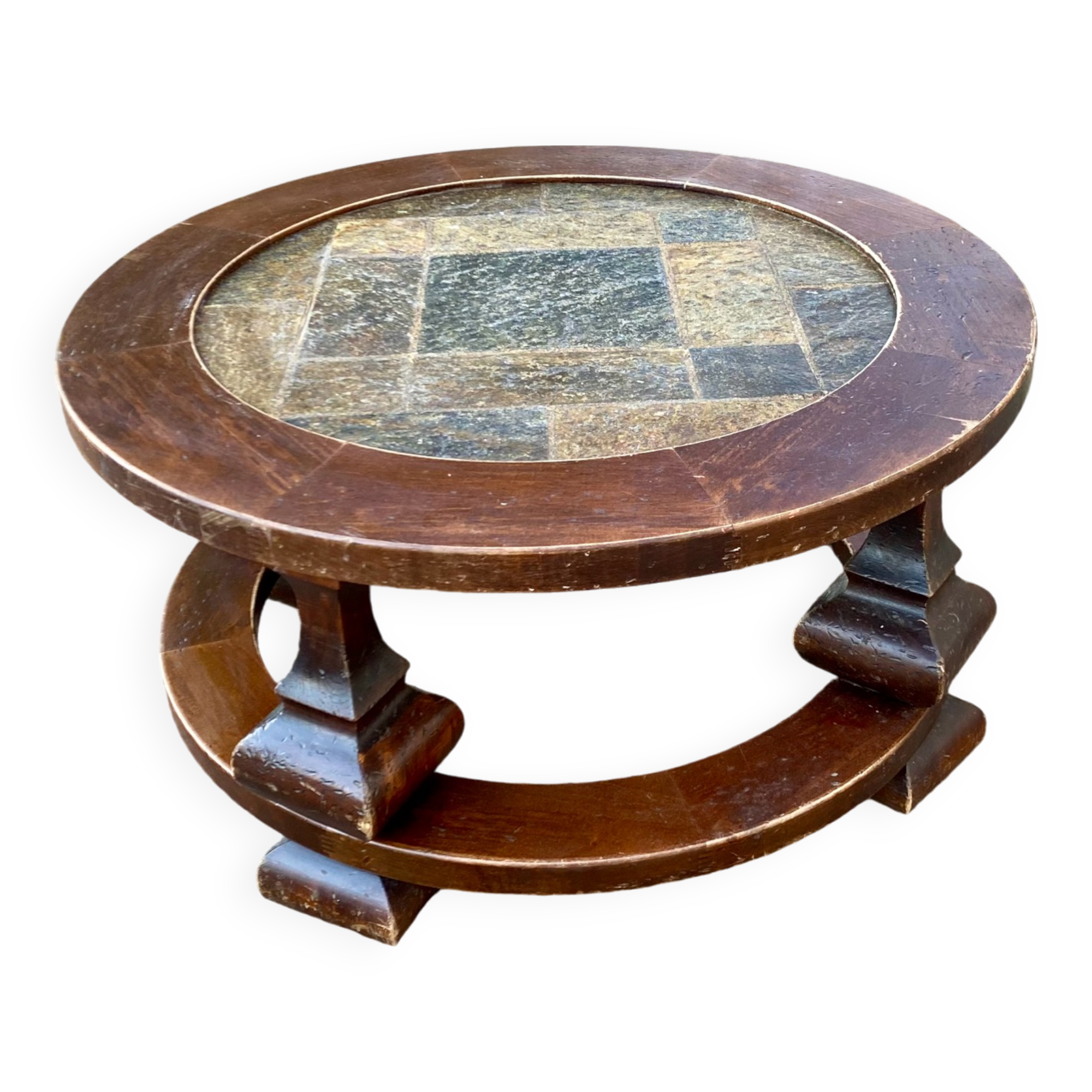 Round stone and wood coffee table