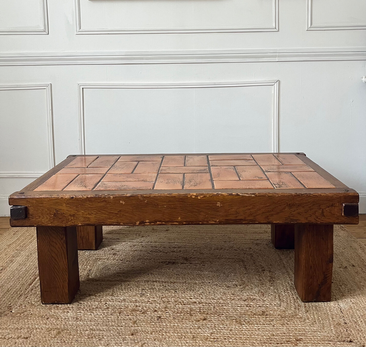 Oak and ceramic coffee table from the mid-20th century.