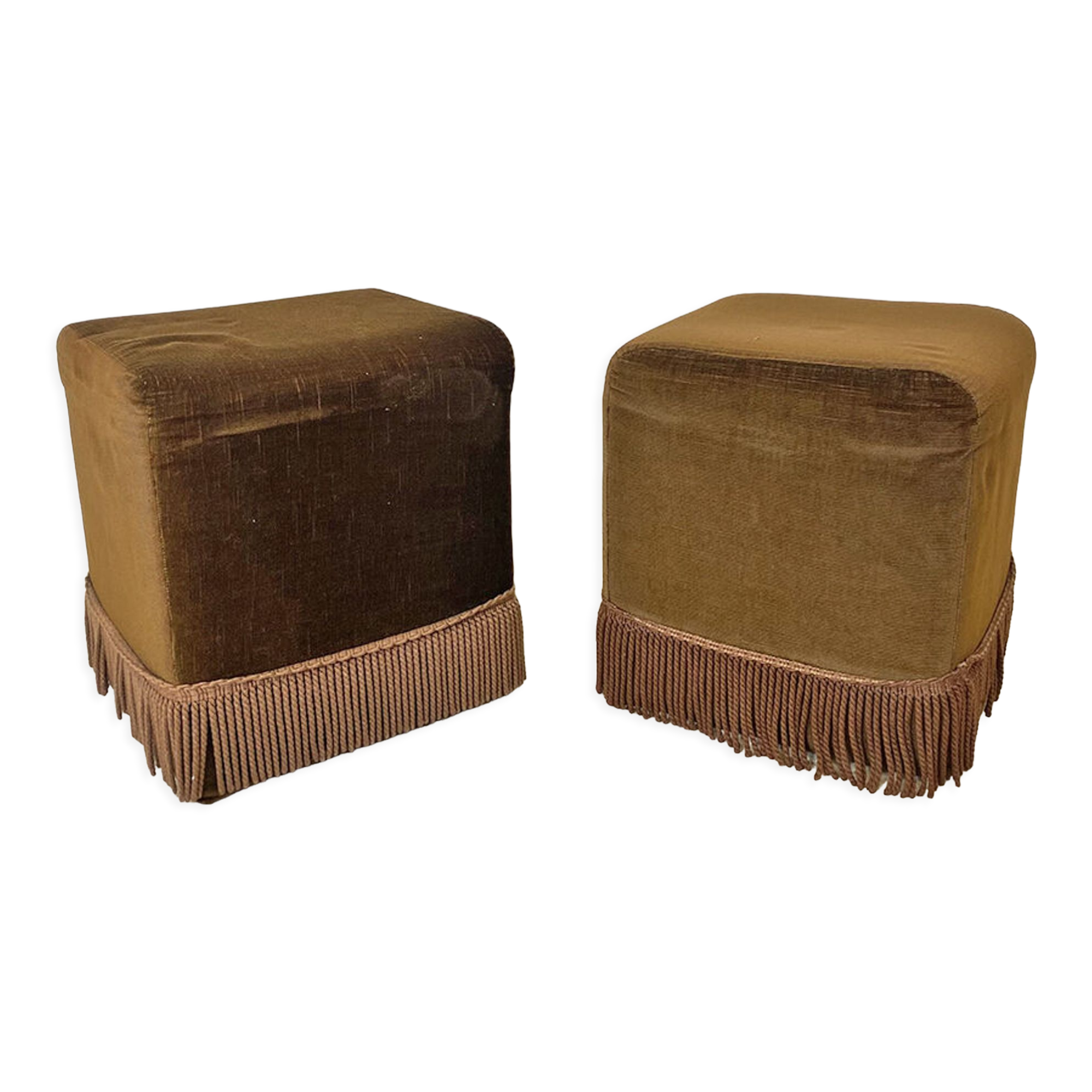 Pair of vintage 70's poufs in brown velvet