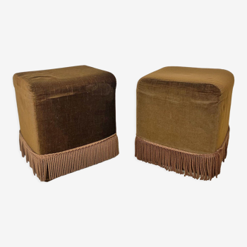 Pair of vintage 70's poufs in brown velvet