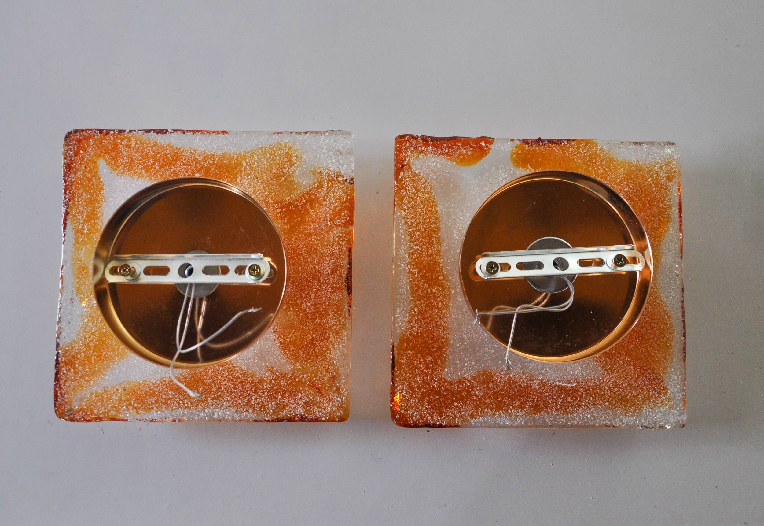 Pair of Murano Mazzega wall lights, orange frosted glass, Italy, 1970