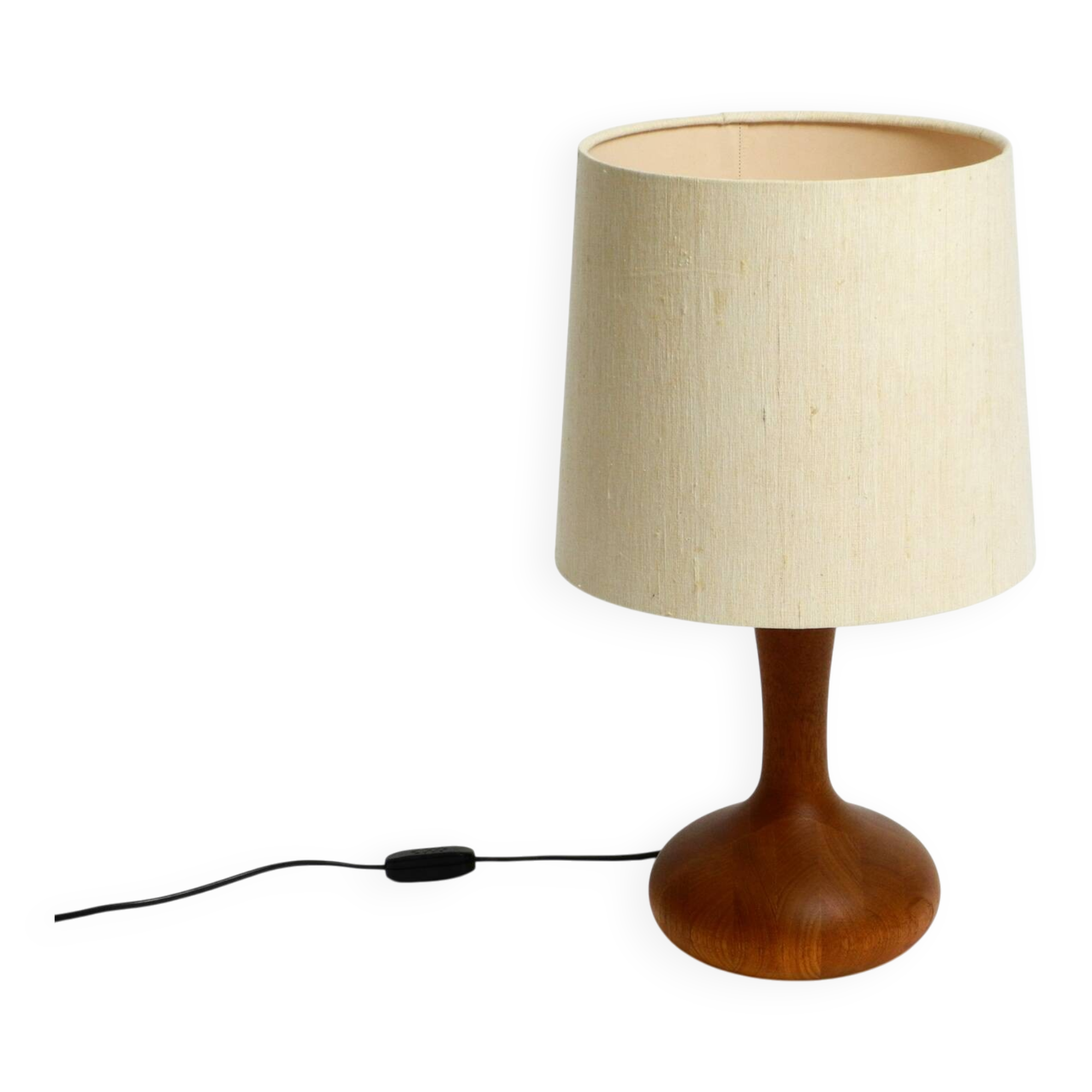 Beautiful minimalist 80s DOMUS teak table lamp with original wild silk fabr