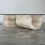 Coffee table in travertine and glass