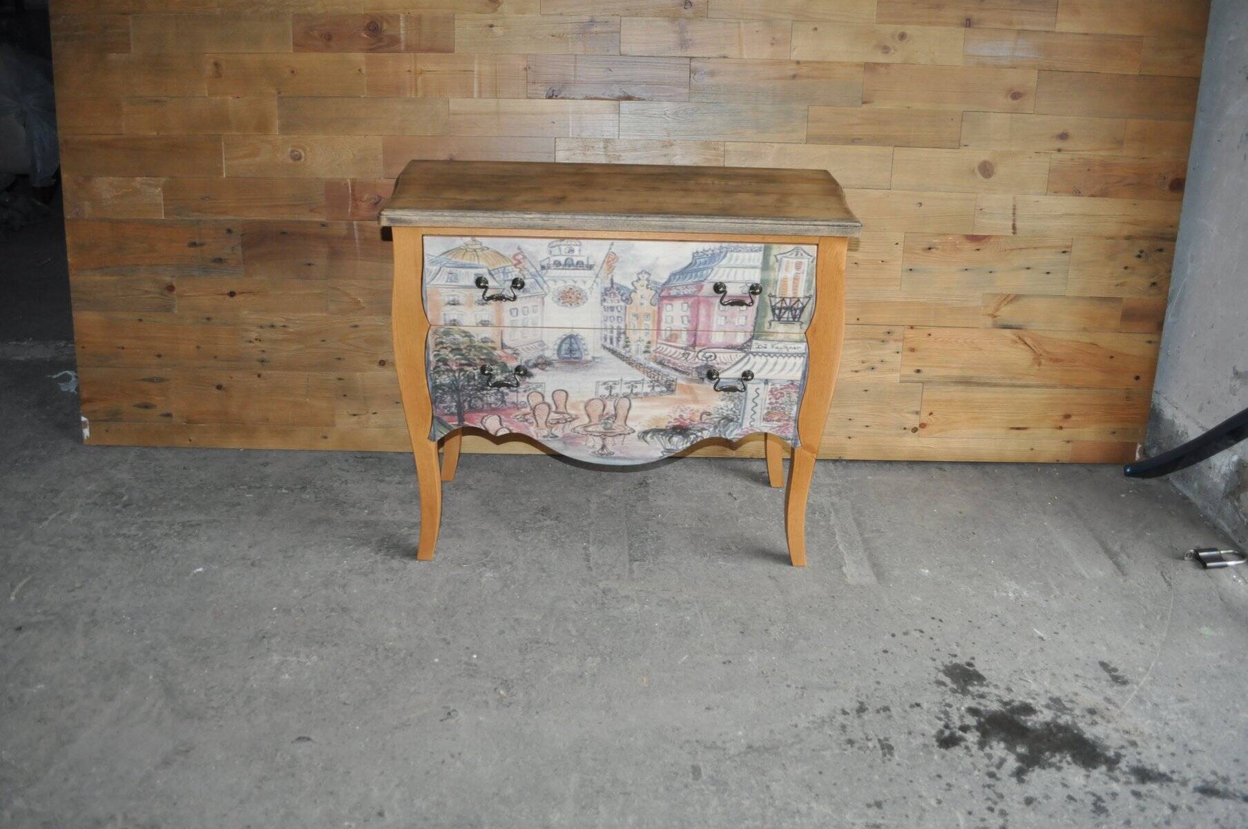 Baroque commode in multicoloured painted wood and black patinated oak with a photo of 'Paris'