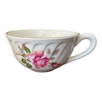 Gien earthenware cup decorated with pink décor and golden edges