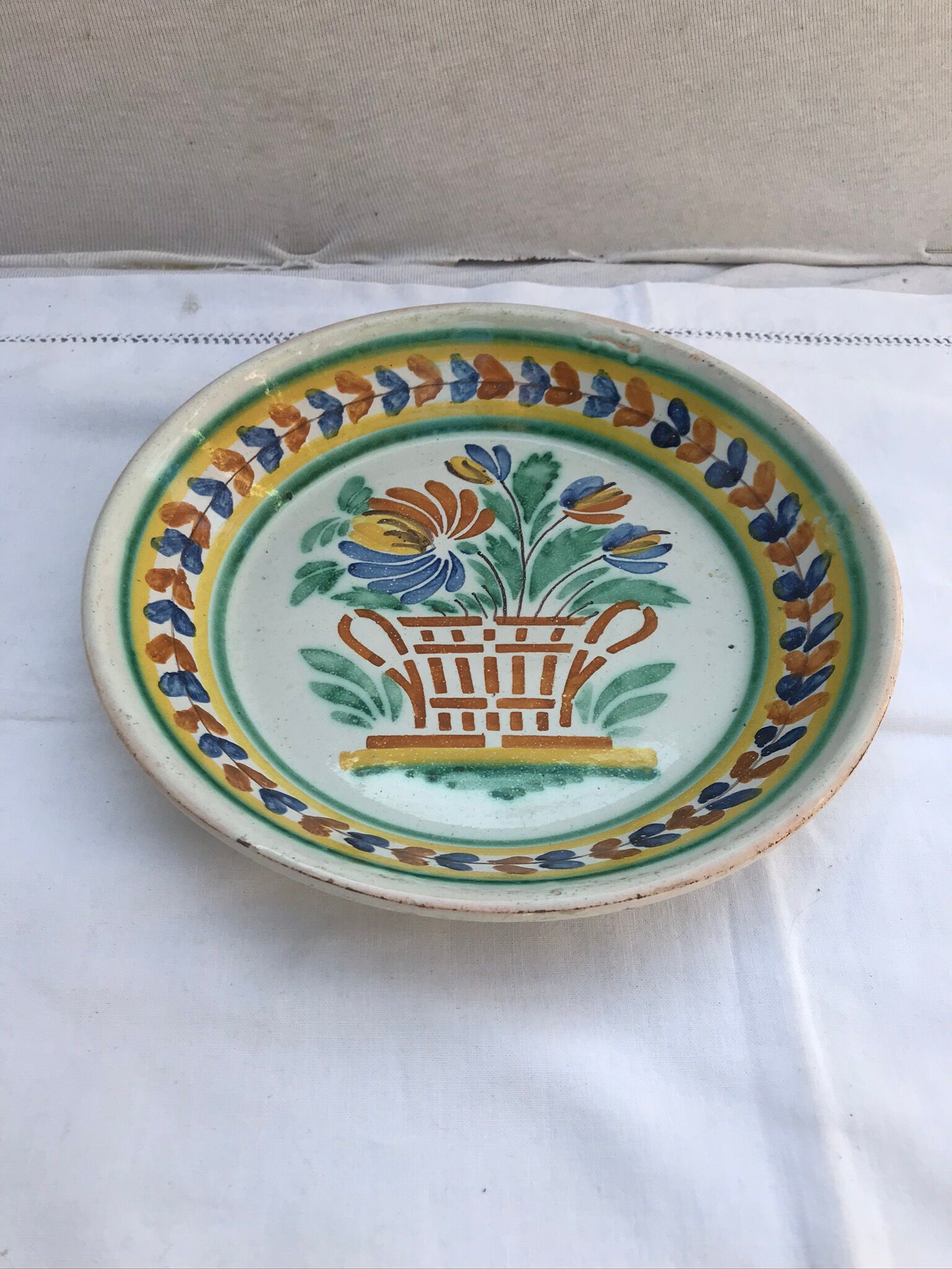 Ancient Plate Deco Ceramics White Drawings Flowers Painted Vintage