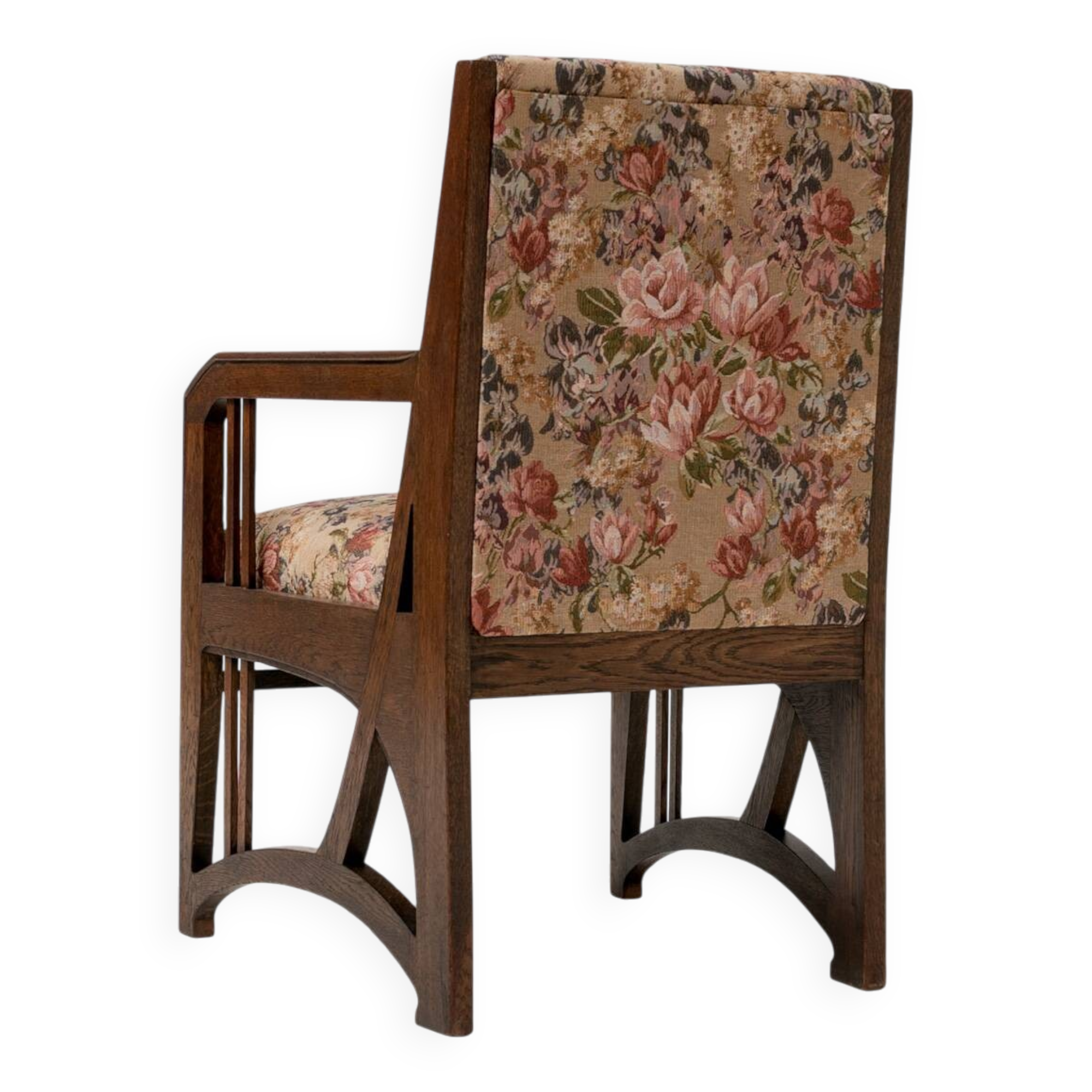 Art Nouveau Armchair in Oak with Floral Upholstery, Belgium, 1900s