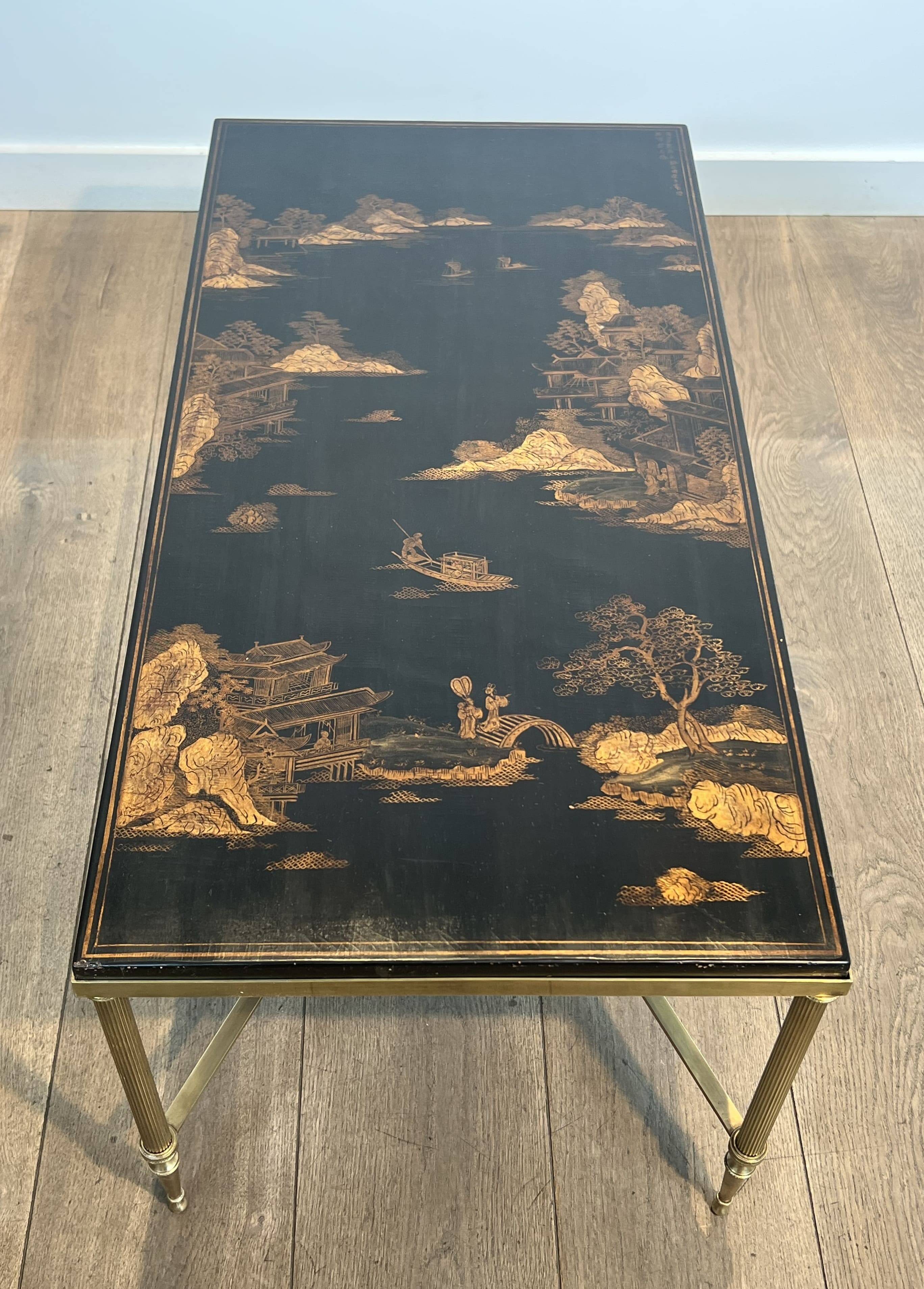 Neoclassical Brass Coffee Table with Lacquered Top Representing
