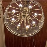 70s designer chandelier with smoked glass plates and gold metal frame