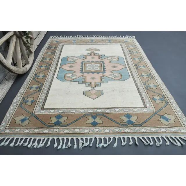 Vintage Turkish Hand-Knotted Wool Cotton Beige Area Rug 193x263