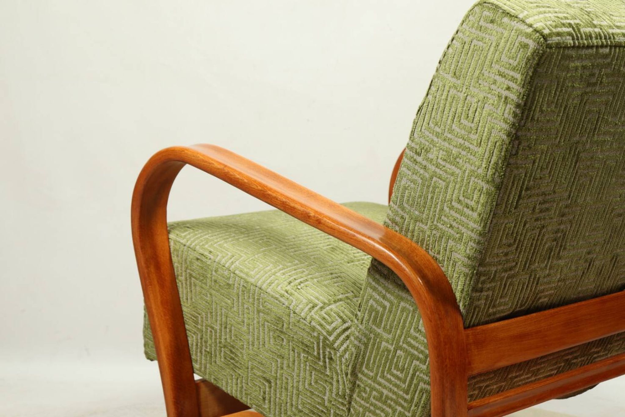 Art Deco armchair in green geometric jacquard by Kropacek Kozelek 1950