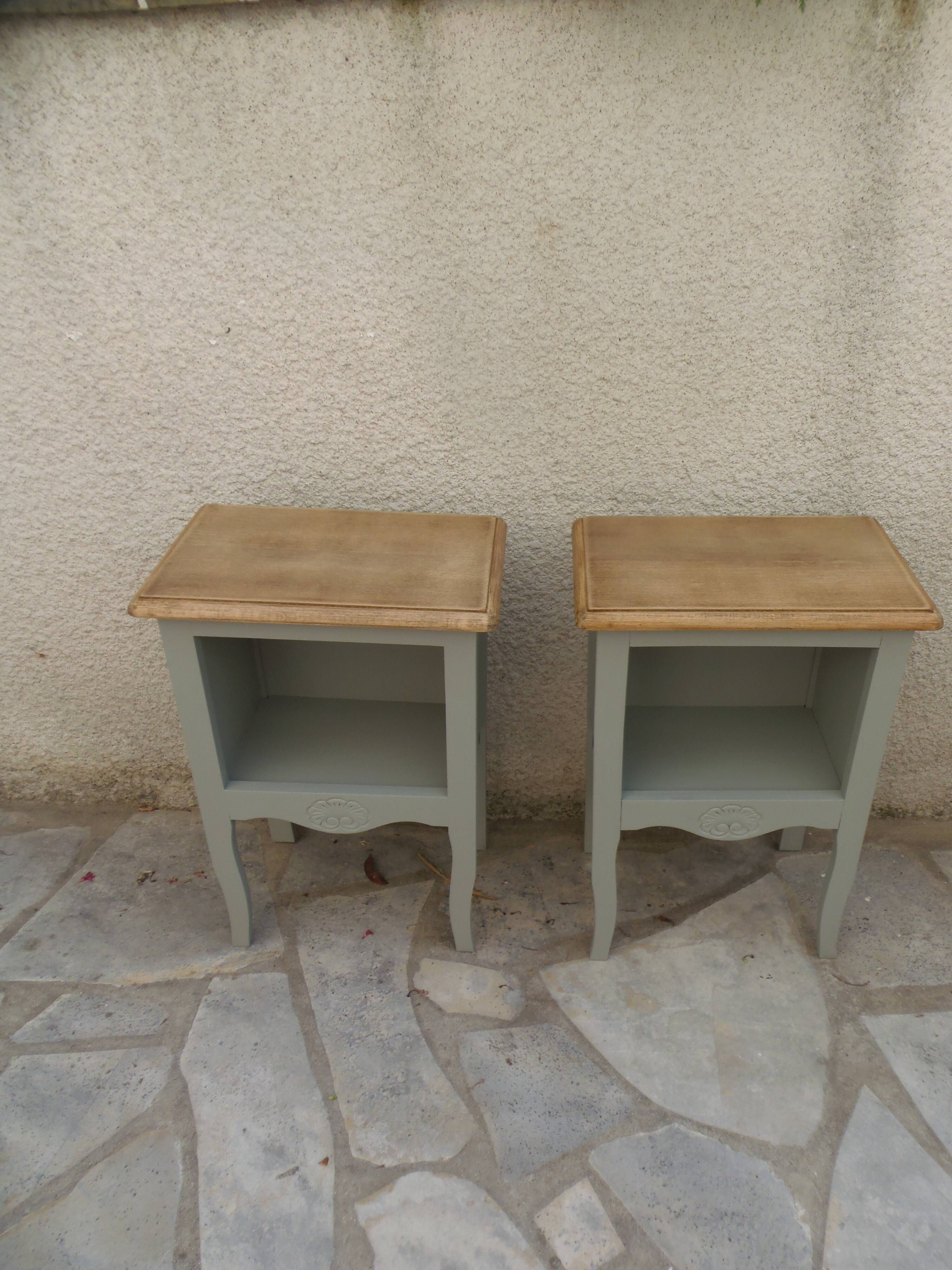 Pair of restored antique bedside tables, carefully refurbished. Painted in grey-green.