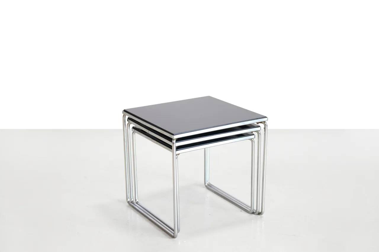 Vintage chrome and black glass side tables by Brabantia 1960s