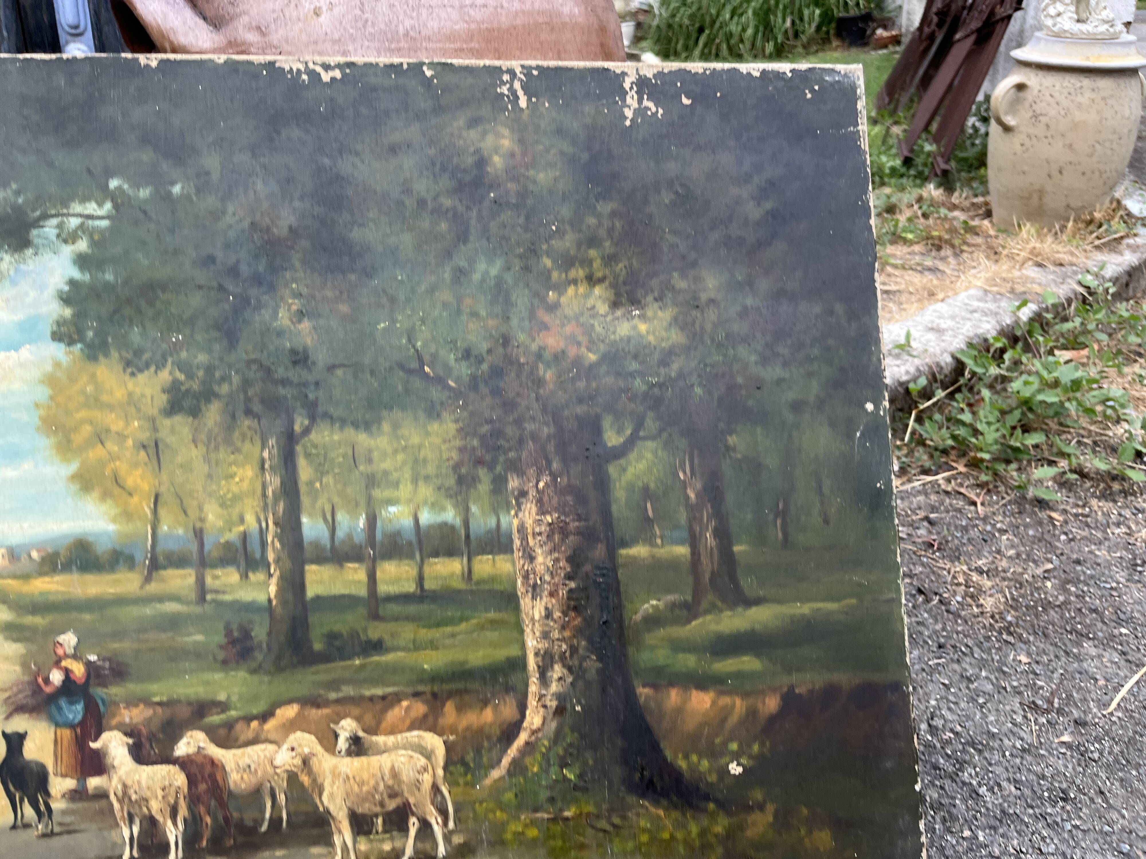 Antique painting 19th century – pastoral scene with shepherdess and sheep, signed P. Oudi
