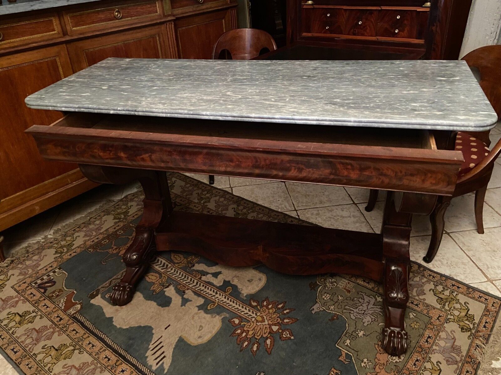 Console on legs claws to a drawer mahogany marble tray Restoration