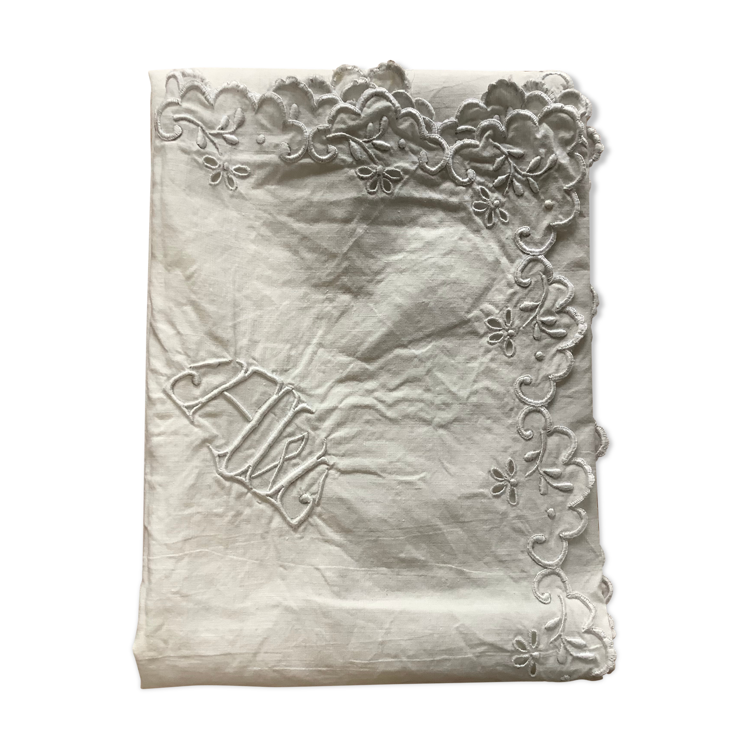 Embroidered table placemat with initials AW