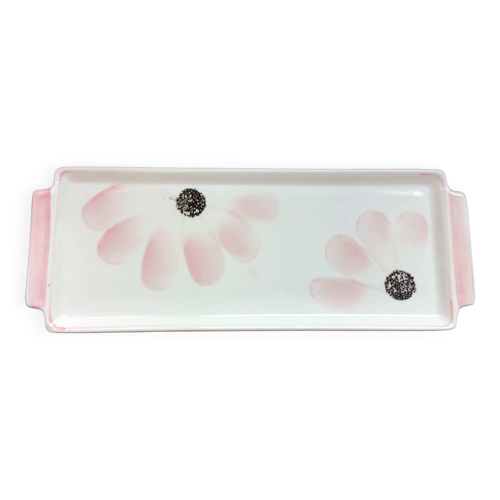 Gien earthenware cake dish, pink flower decoration, 1940s-50s