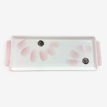 Gien earthenware cake dish, decorated with pink flowers, 40s-50s