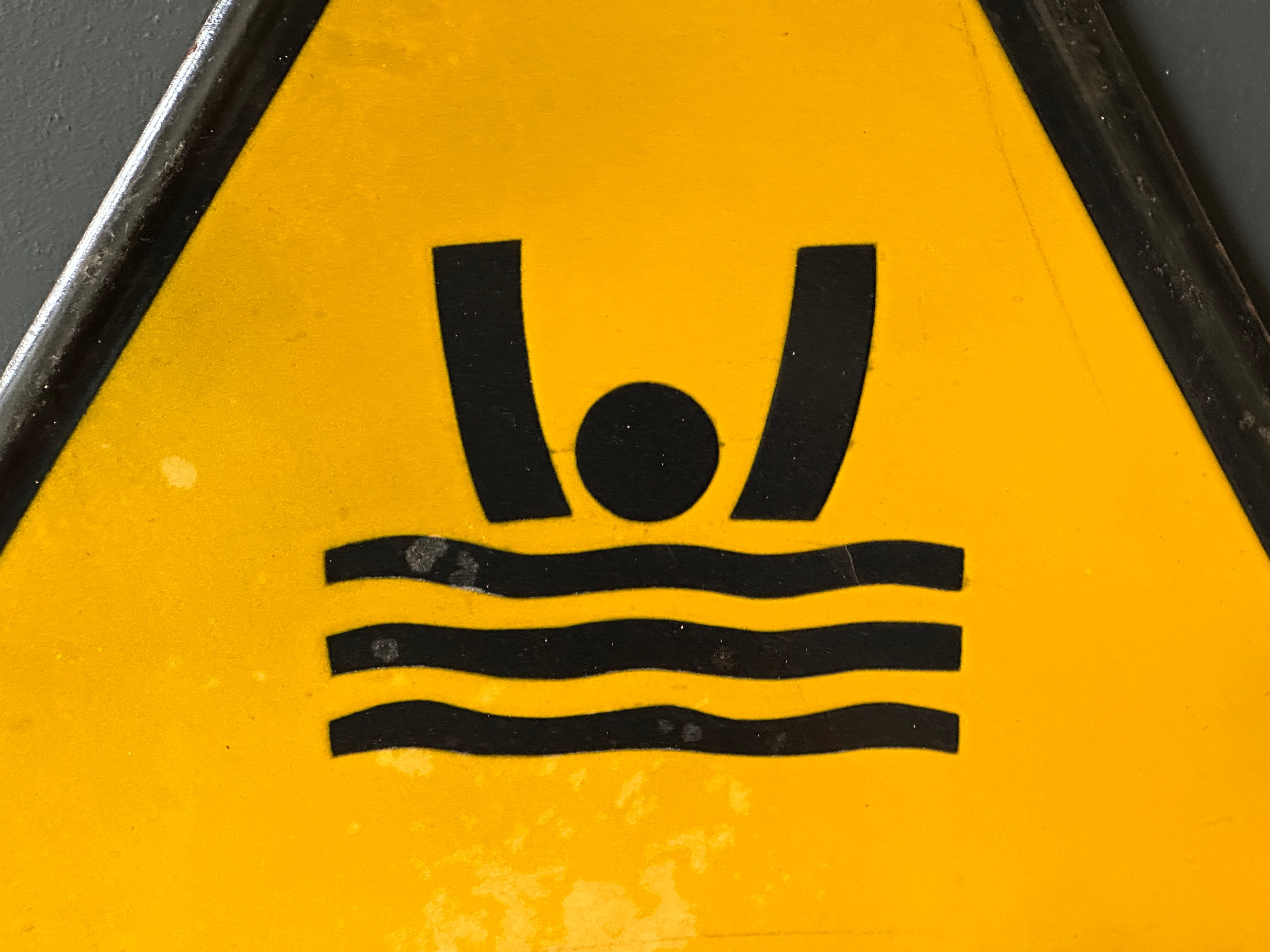 Drowning man danger warning sign vintage european 1980's industrial enamel