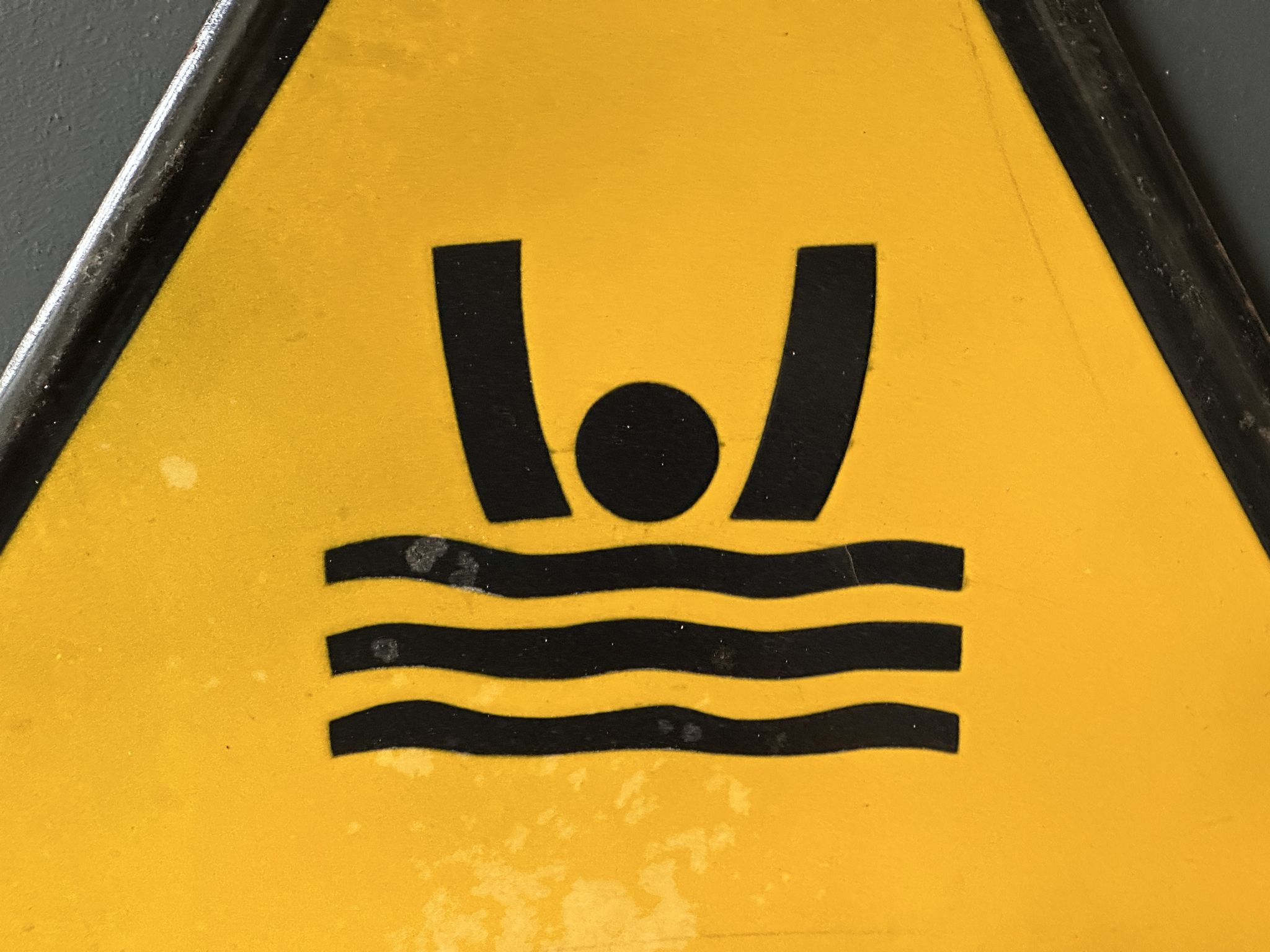 Drowning man danger warning sign vintage european 1980's industrial enamel
