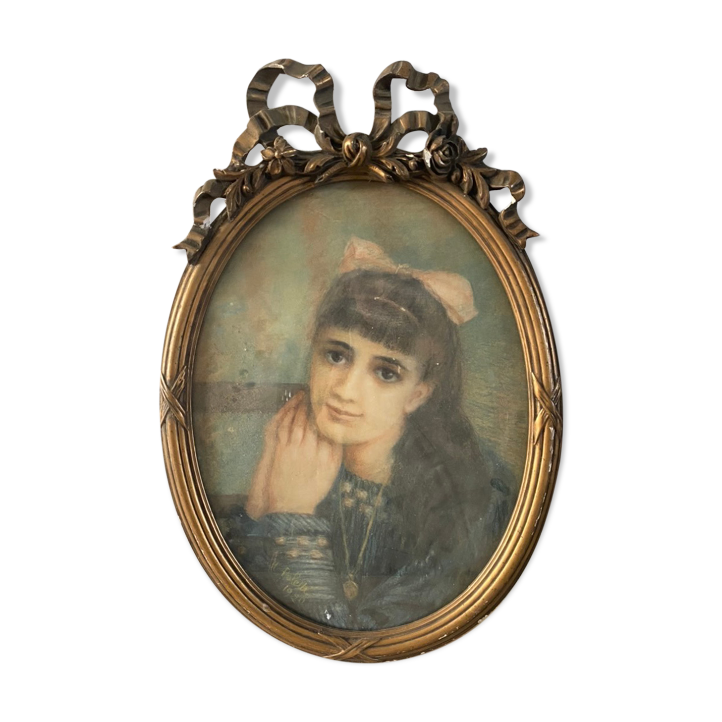 Portrait of a young girl in pastel and beautiful oval frame