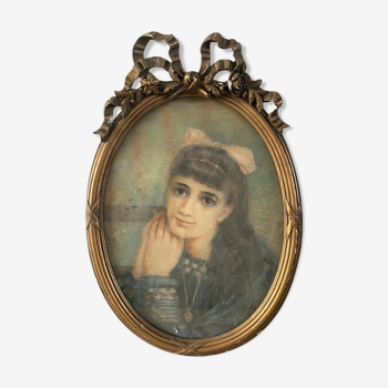 Portrait de jeune fille au pastel et superbe cadre ovale