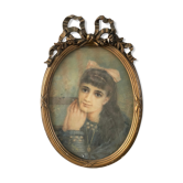 Portrait de jeune fille au pastel et superbe cadre ovale