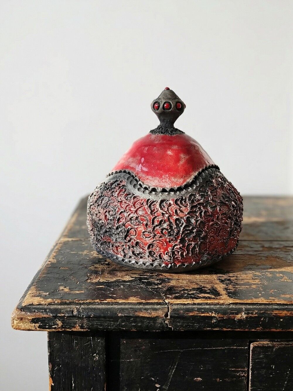 Vintage 2000s red and grey handmade raku jewellery box