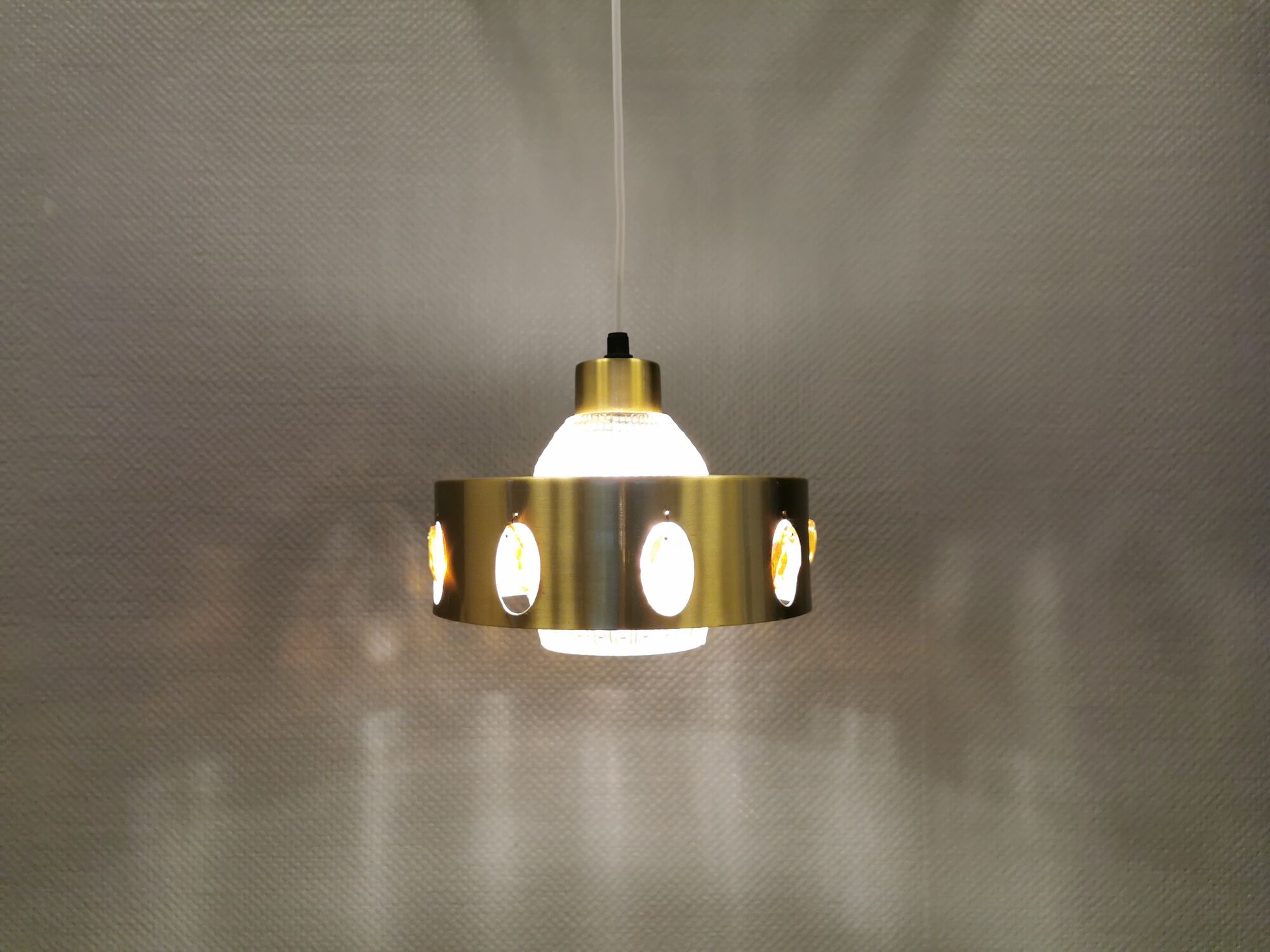 Danish hanging lamp made of glass, metal and with colored prisms