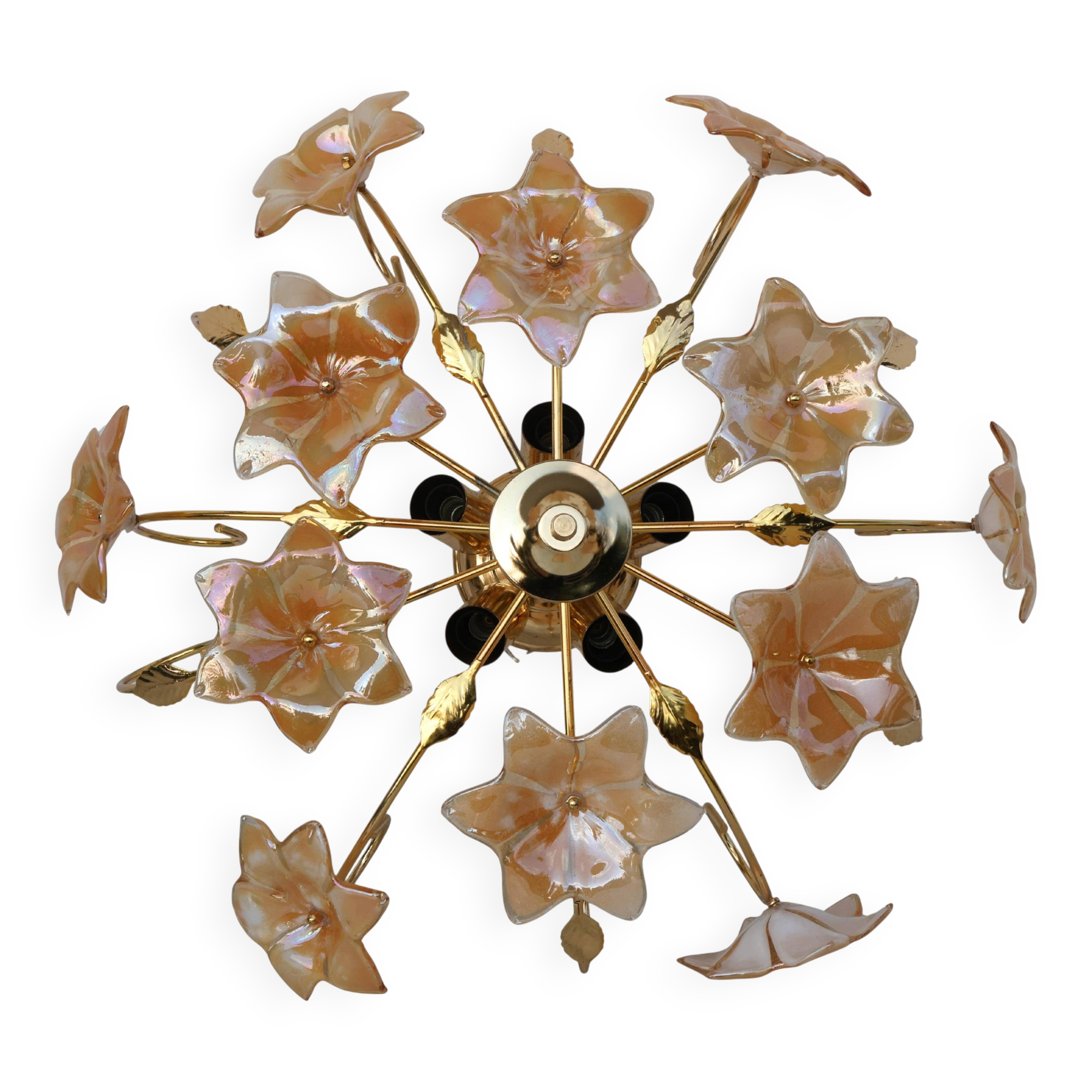 Murano Vintage Ceiling Light Orange Iridescent Flowers, 1970s