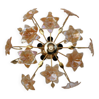 Murano Vintage Ceiling Light Orange Iridescent Flowers, 1970s