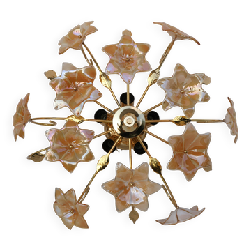 Lustre vintage Murano fleurs iridescentes orange, années 1970