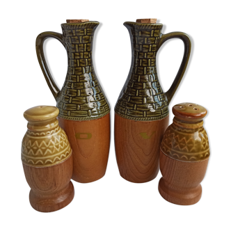 Vintage wooden and ceramic condiment set