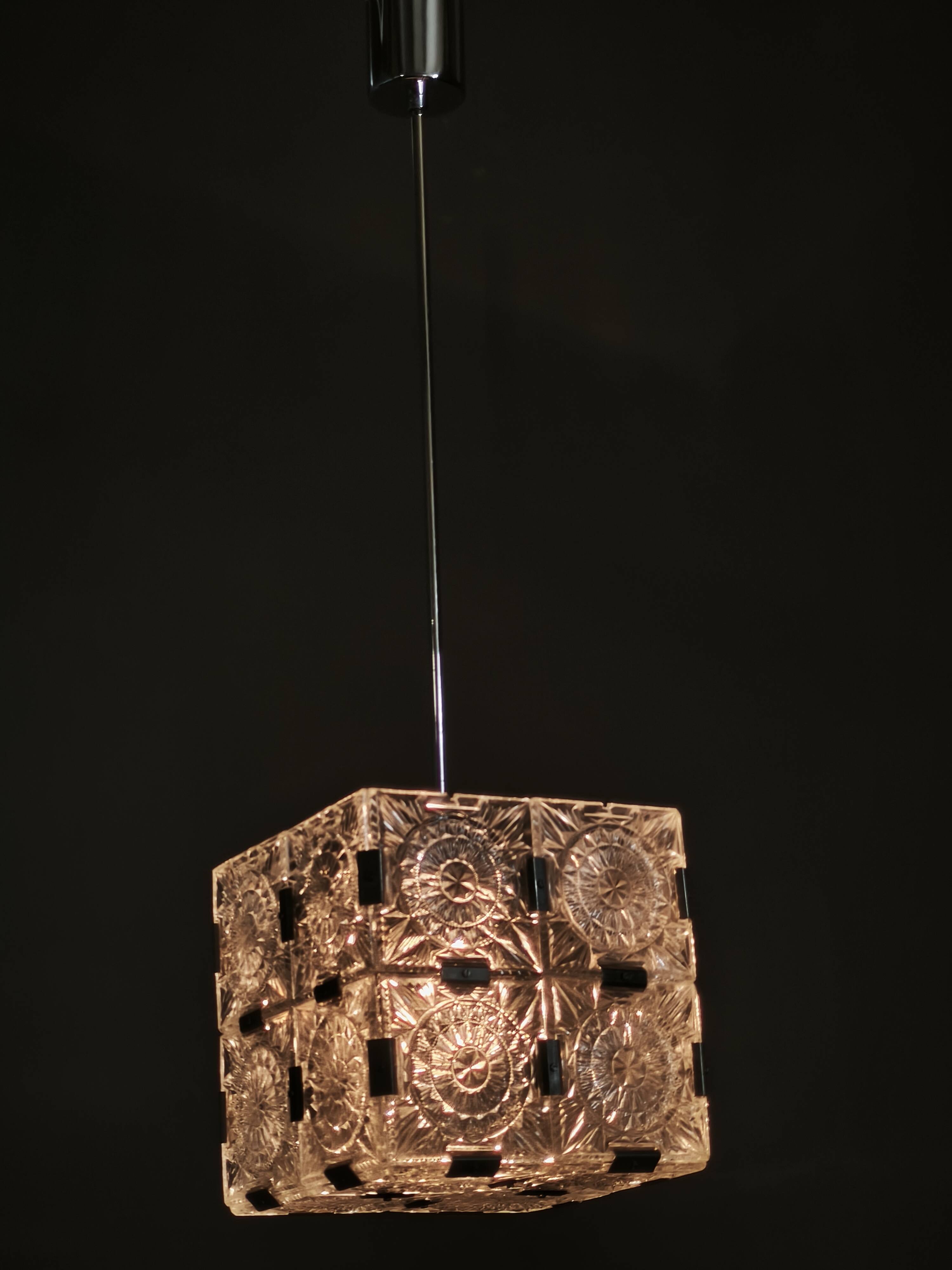 1970s Czech Geometric Pressed Glass and Chrome Cube Pendant Light