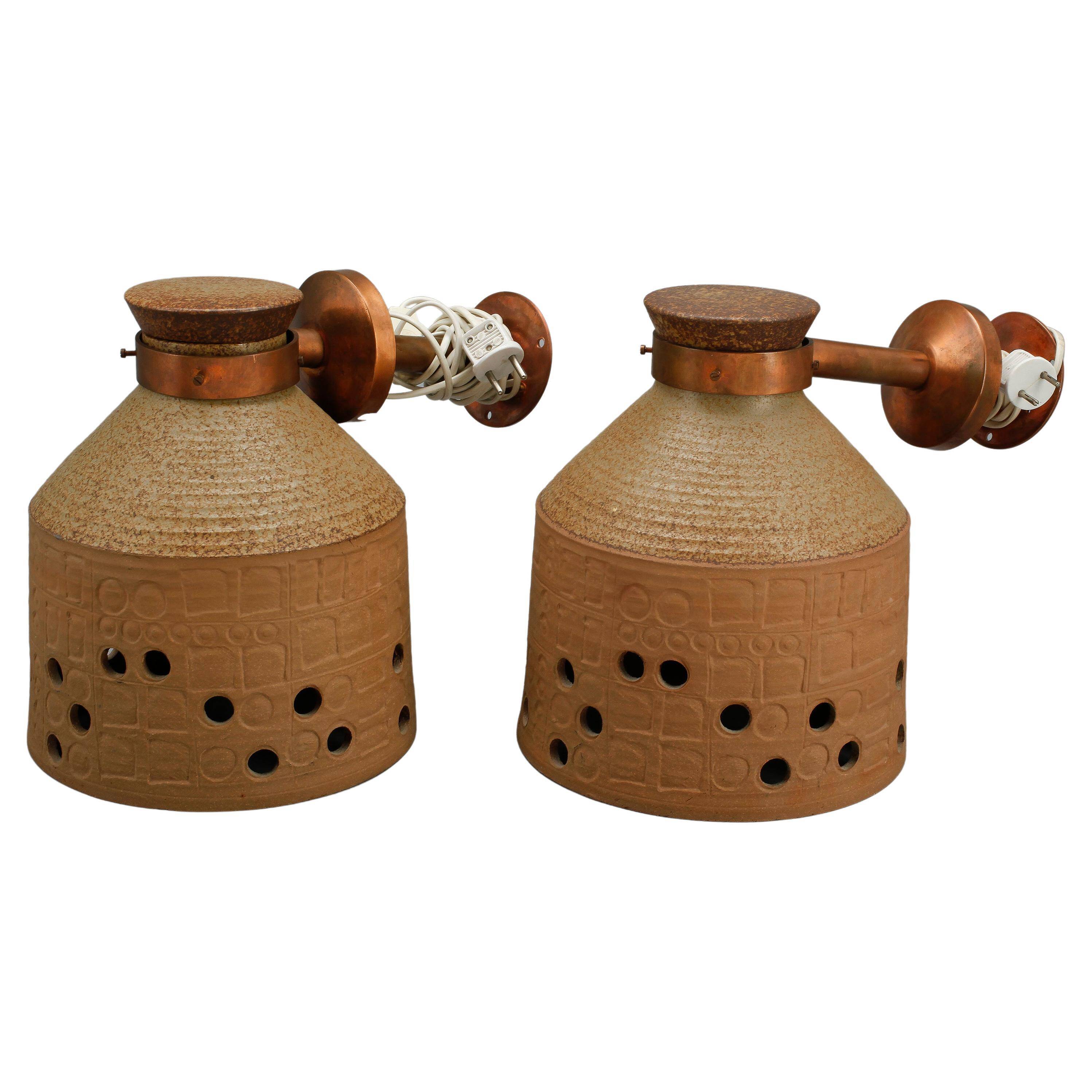 Unique ceramic and copper wall lights by Lisa Larson, Studioarbete Gustavsberg, Sweden, 1960.