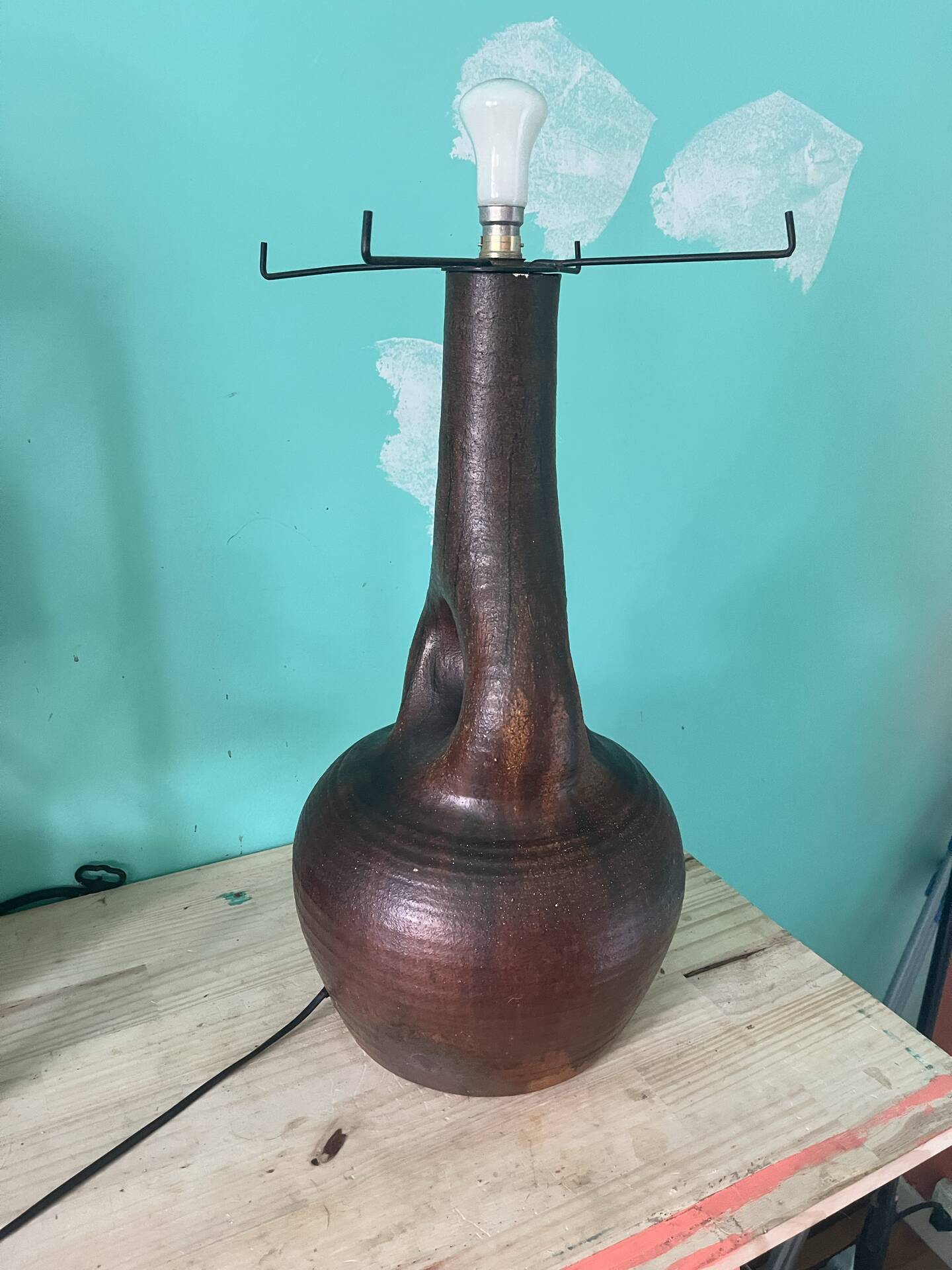 Large vintage ceramic floor lamp accolay & brutalist copper - 10
